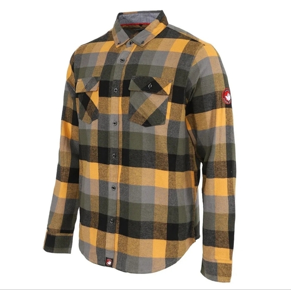 Canada Weather Gear Mens Flannel Button-Down Chambray Lined Collar Olive/Caramel - Picture 1 of 12